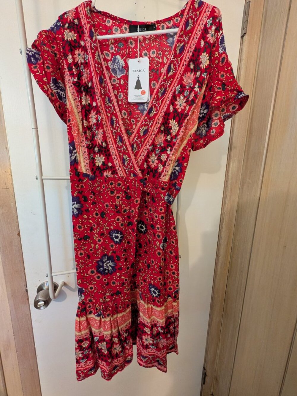 Red Patterned Wrap Dress - Picture 2 of 9